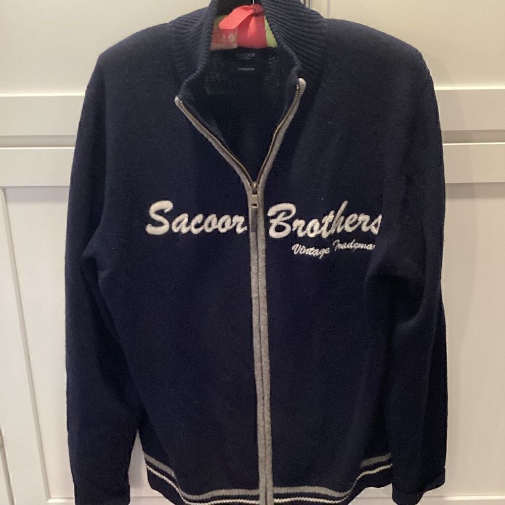 Sacoor Brothers Vintage Trademark Mens Full Zip Sweater Sz L 100% Lambswool Navy